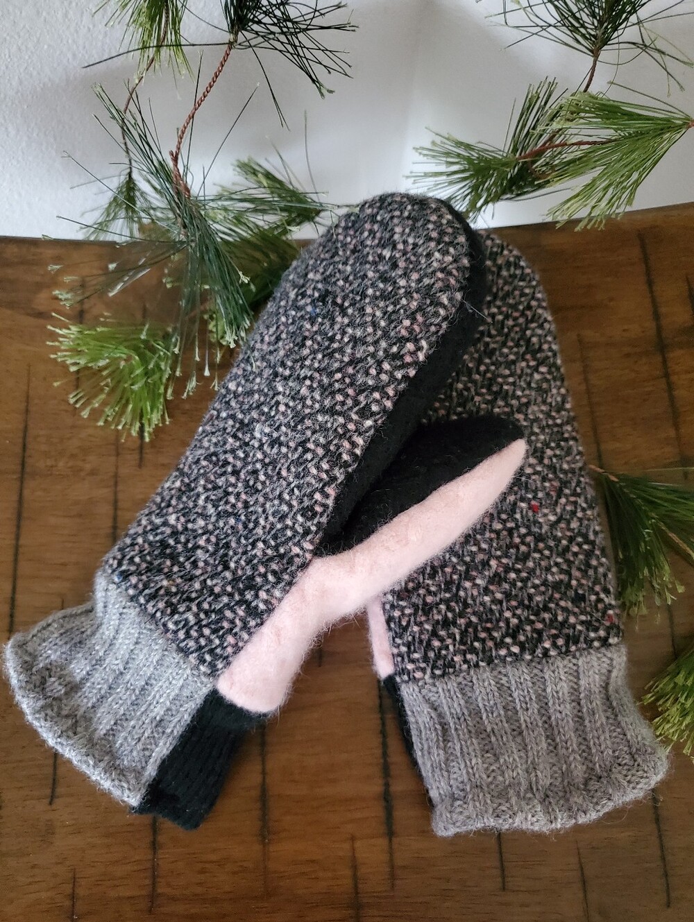 Upcycled Tweed Wool Mittens Flannel Lined Gray Pink Black Cozy Handmade